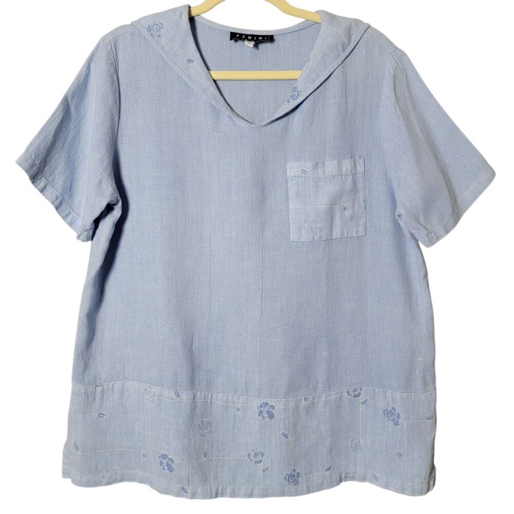 Fenini Womens Blue 100% Linen Floral Trim Beachy Boho Sailor Neckline Top Small